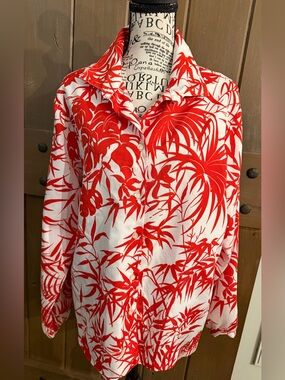 Vintage 1970s Laura Mae Red & White Abstract Pattern Long Sleeve Blouse Large